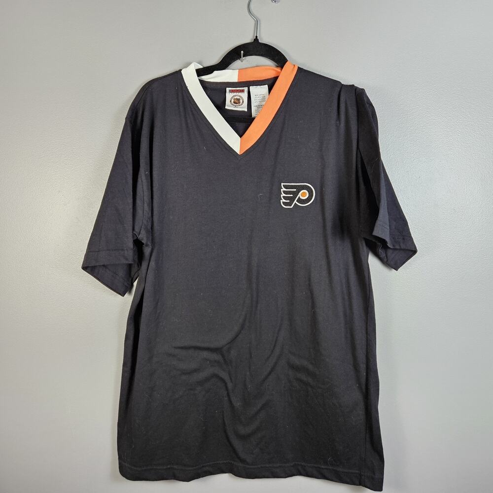Vtg Flyers NHL V-Neck Jersey‎ Tee Iron Knights Black Orange XL Embroidered Logo